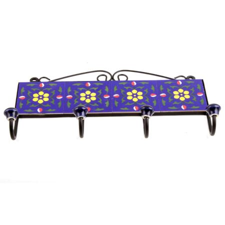 Navy Blue Yellow Floral Tiles Hooks